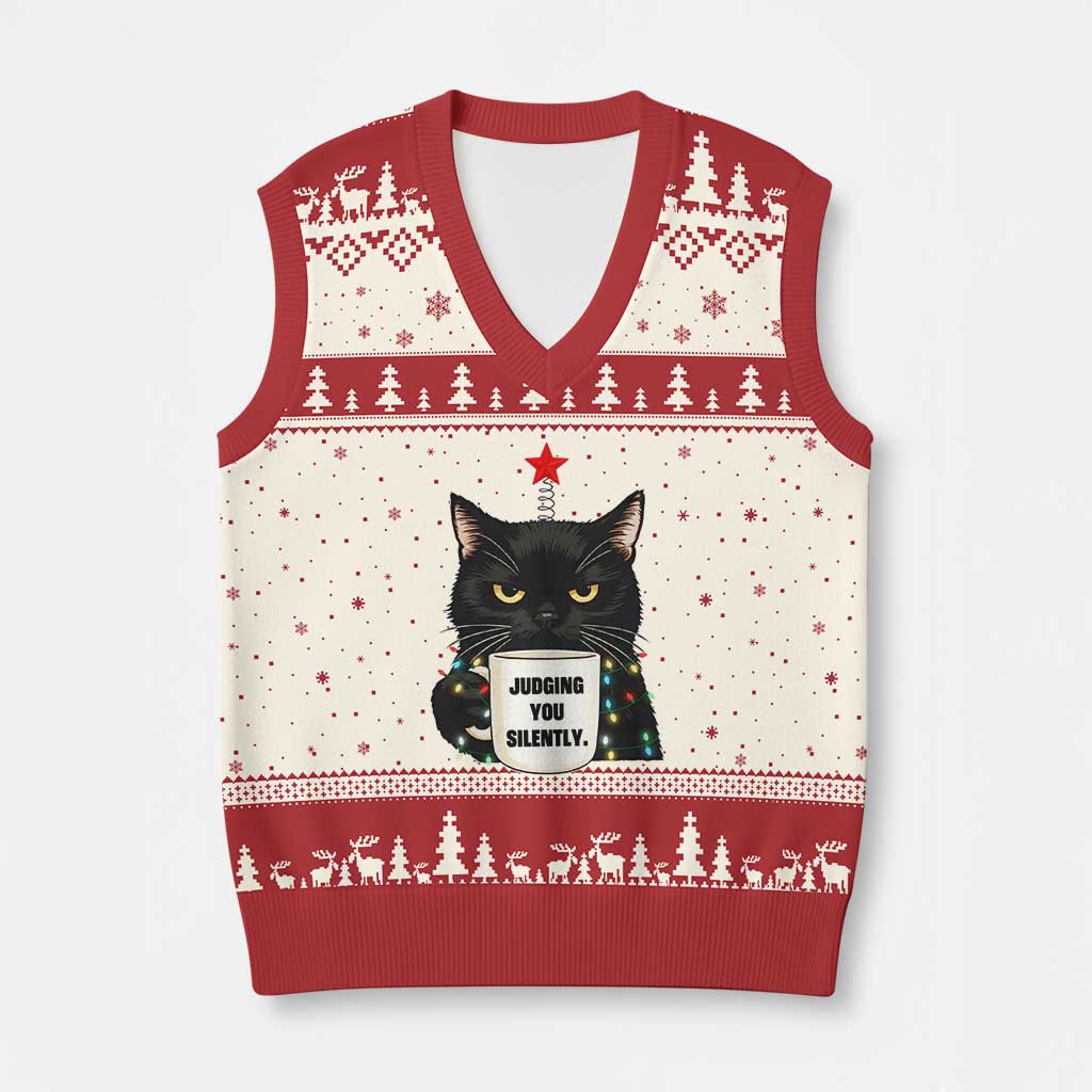 Funny Black Cat Xmas V-Neck Knit Sweater Vest Judging You Silently TS14 Beige Red Print Your Wear