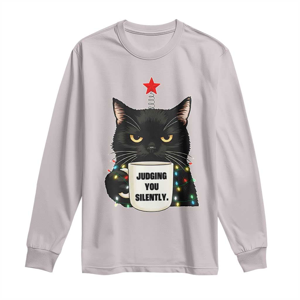 Funny Black Cat Christmas Long Sleeve Shirt Judging You Silently TS14 Ice Gray Print Your Wear