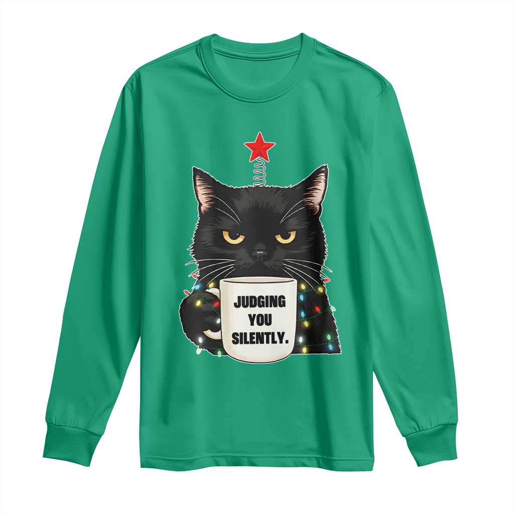 Funny Black Cat Christmas Long Sleeve Shirt Judging You Silently TS14 Irish Green Print Your Wear