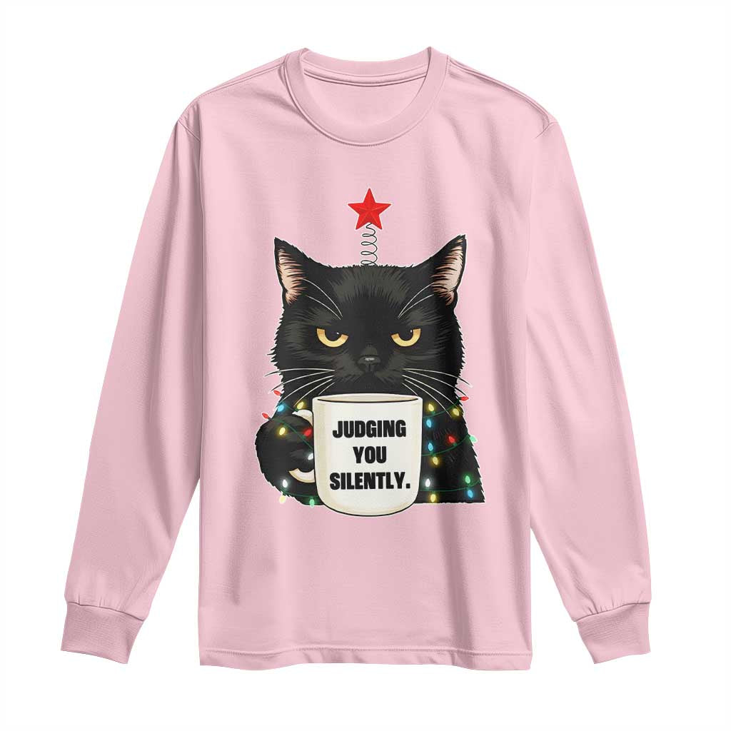 Funny Black Cat Christmas Long Sleeve Shirt Judging You Silently TS14 Light Pink Print Your Wear