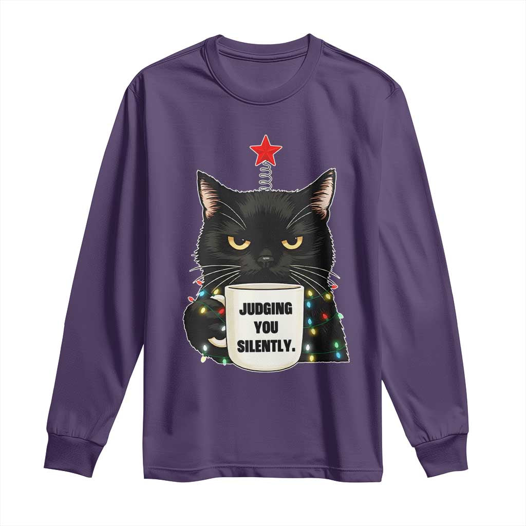Funny Black Cat Christmas Long Sleeve Shirt Judging You Silently TS14 Purple Print Your Wear