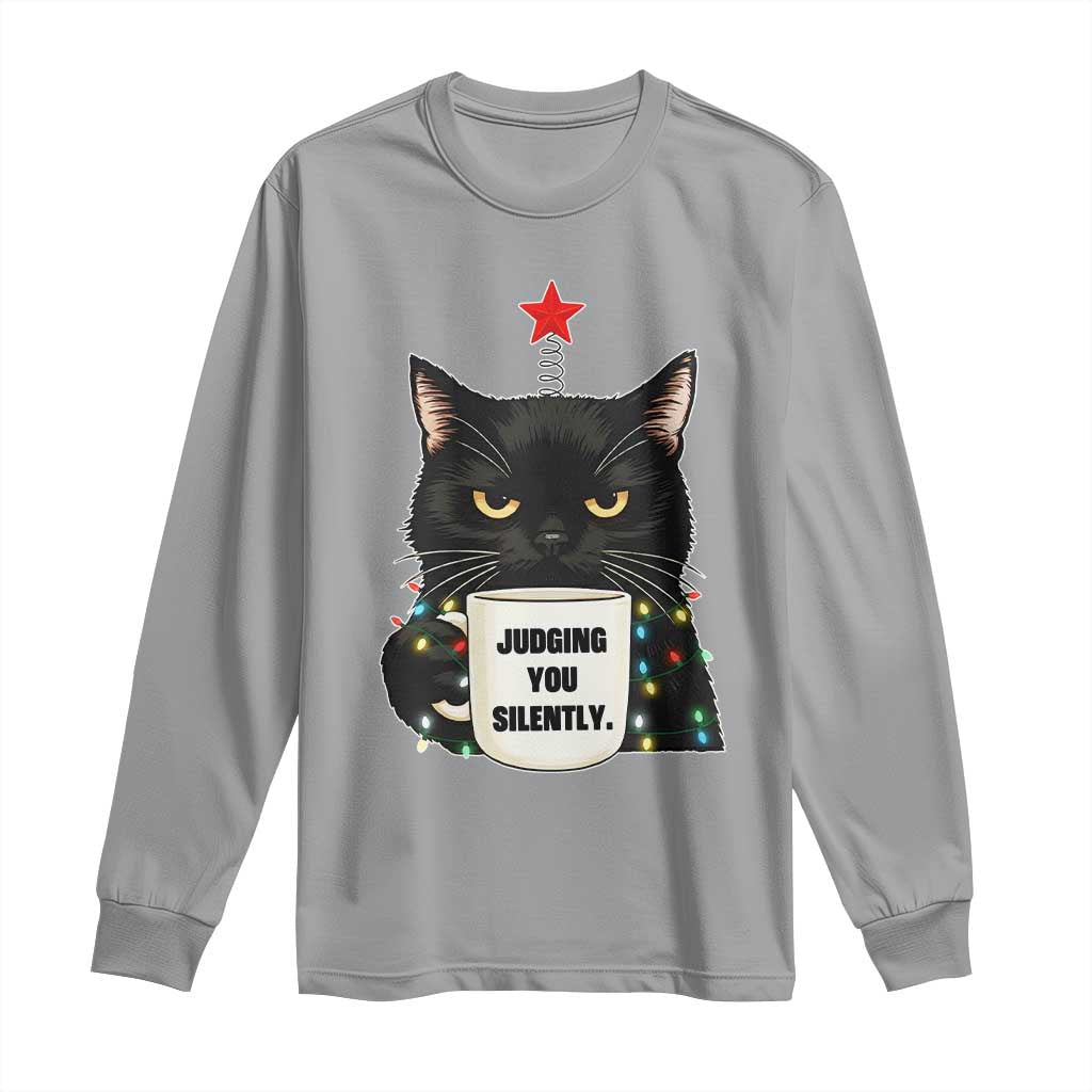 Funny Black Cat Christmas Long Sleeve Shirt Judging You Silently TS14 Sport Gray Print Your Wear