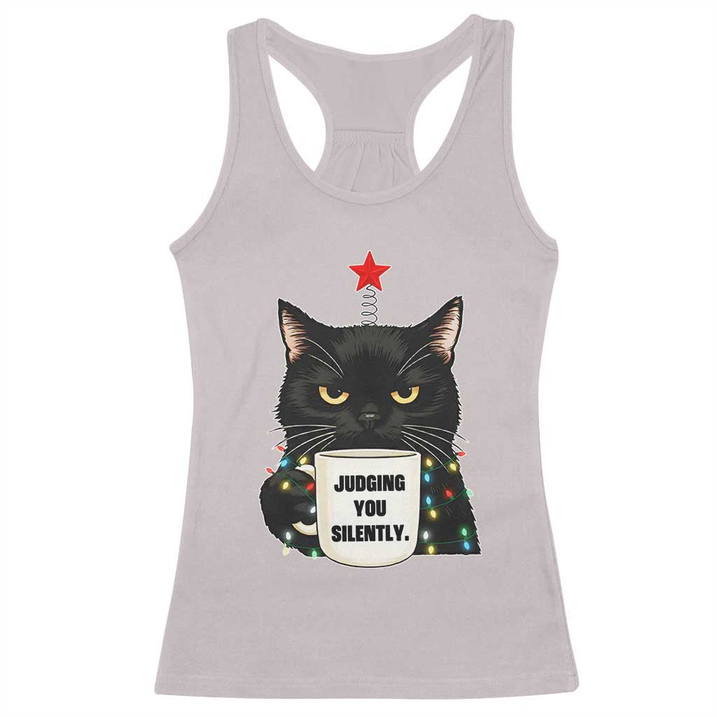 Funny Black Cat Christmas Racerback Tank Top Judging You Silently TS14 Ice Gray Print Your Wear