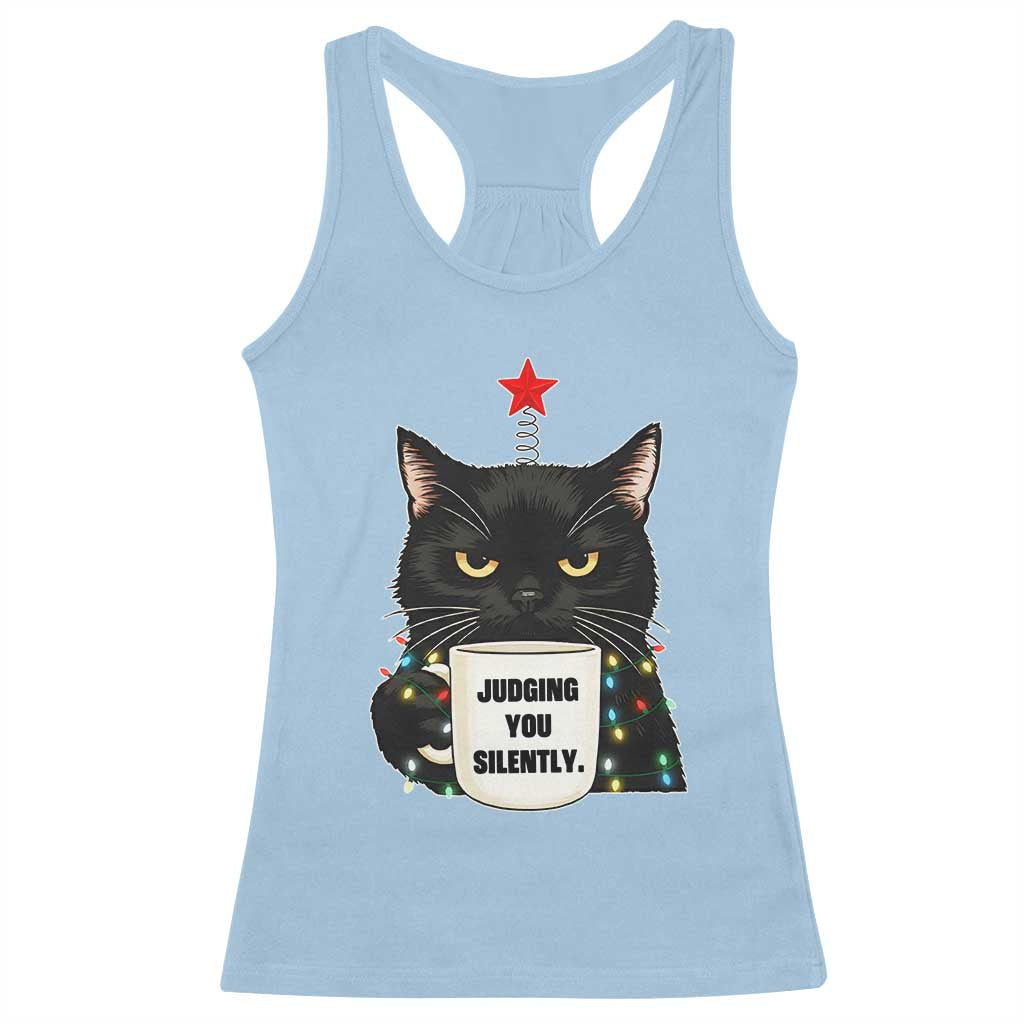 Funny Black Cat Christmas Racerback Tank Top Judging You Silently TS14 Light Blue Print Your Wear