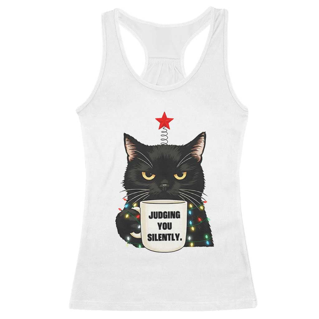 Funny Black Cat Christmas Racerback Tank Top Judging You Silently TS14 White Print Your Wear