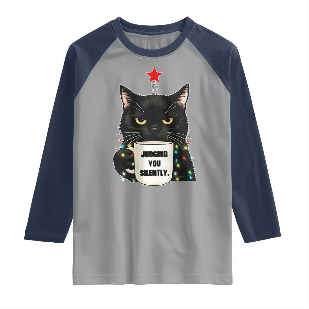 Funny Black Cat Christmas Raglan Shirt Judging You Silently TS14 Sport Gray Navy Print Your Wear