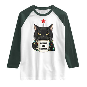 Funny Black Cat Christmas Raglan Shirt Judging You Silently TS14 White Dark Forest Green Print Your Wear