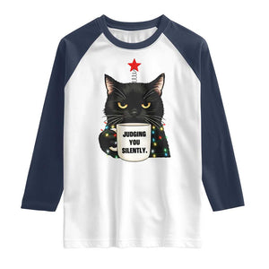 Funny Black Cat Christmas Raglan Shirt Judging You Silently TS14 White Navy Print Your Wear