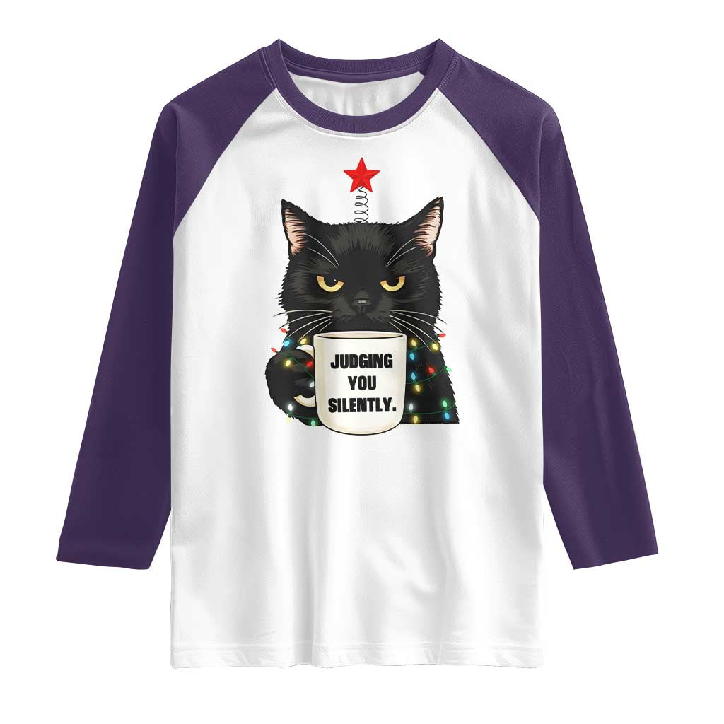 Funny Black Cat Christmas Raglan Shirt Judging You Silently TS14 White Purple Print Your Wear