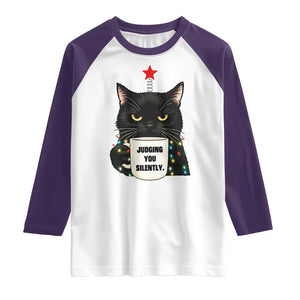 Funny Black Cat Christmas Raglan Shirt Judging You Silently TS14 White Purple Print Your Wear
