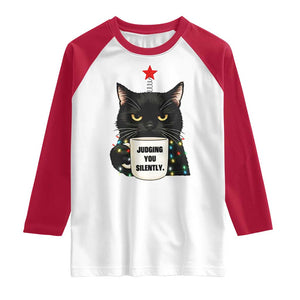 Funny Black Cat Christmas Raglan Shirt Judging You Silently TS14 White Red Print Your Wear