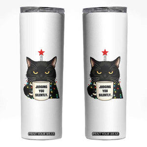 Funny Black Cat Christmas Skinny Tumbler Judging You Silently TS14 White Print Your Wear