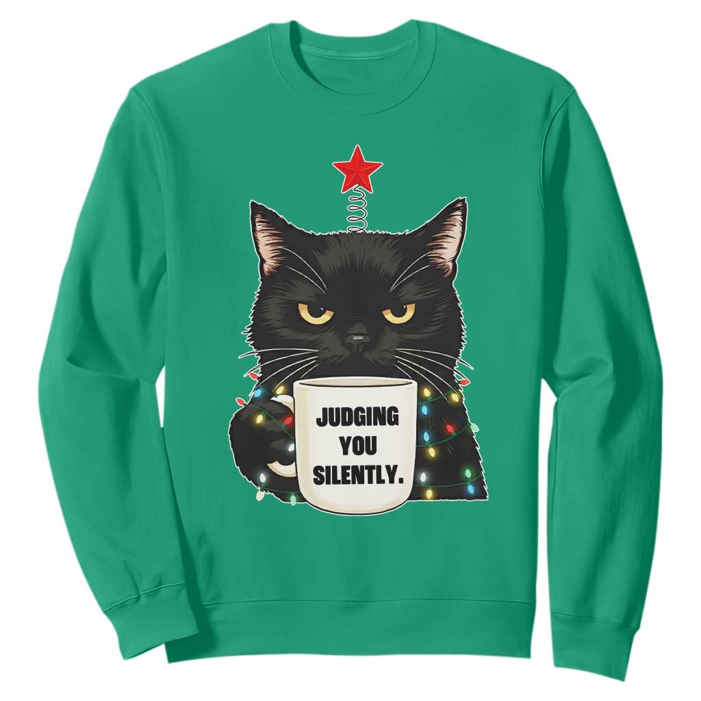 Funny Black Cat Christmas Sweatshirt Judging You Silently TS14 Irish Green Print Your Wear