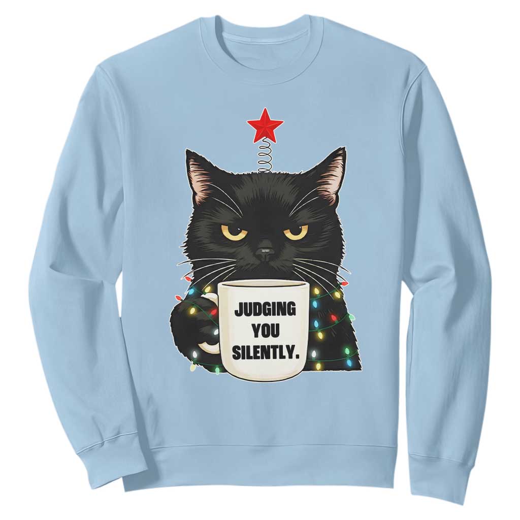 Funny Black Cat Christmas Sweatshirt Judging You Silently TS14 Light Blue Print Your Wear