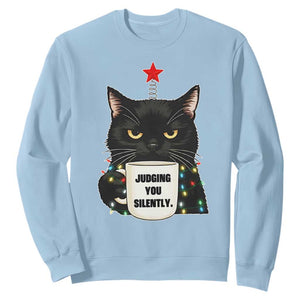 Funny Black Cat Christmas Sweatshirt Judging You Silently TS14 Light Blue Print Your Wear