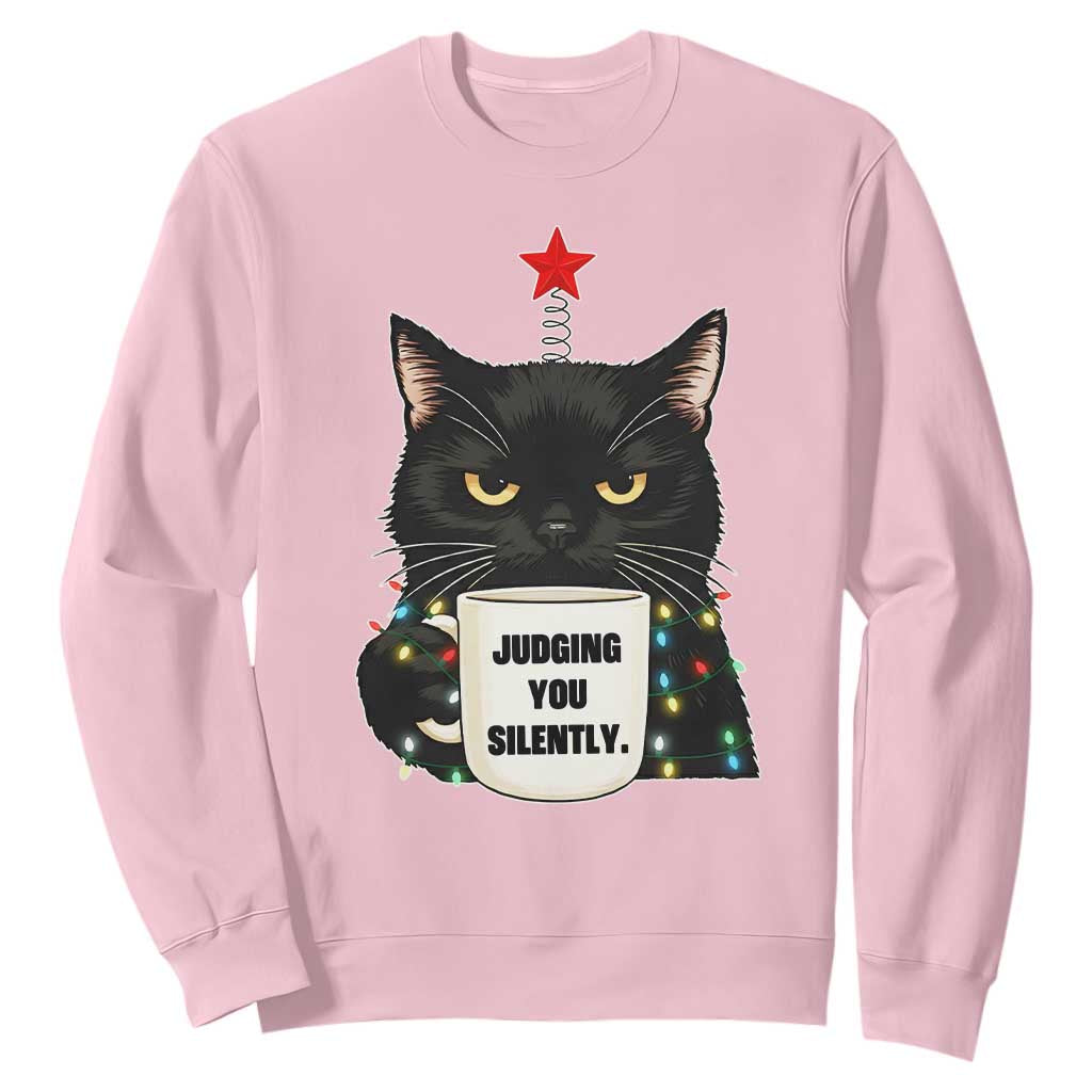 Funny Black Cat Christmas Sweatshirt Judging You Silently TS14 Light Pink Print Your Wear