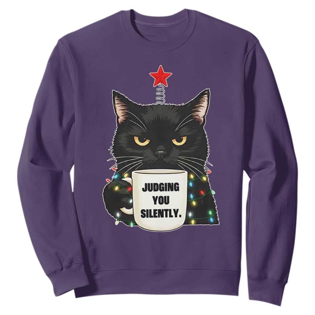 Funny Black Cat Christmas Sweatshirt Judging You Silently TS14 Purple Print Your Wear