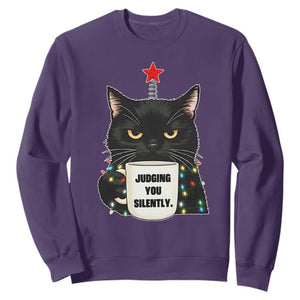 Funny Black Cat Christmas Sweatshirt Judging You Silently TS14 Purple Print Your Wear