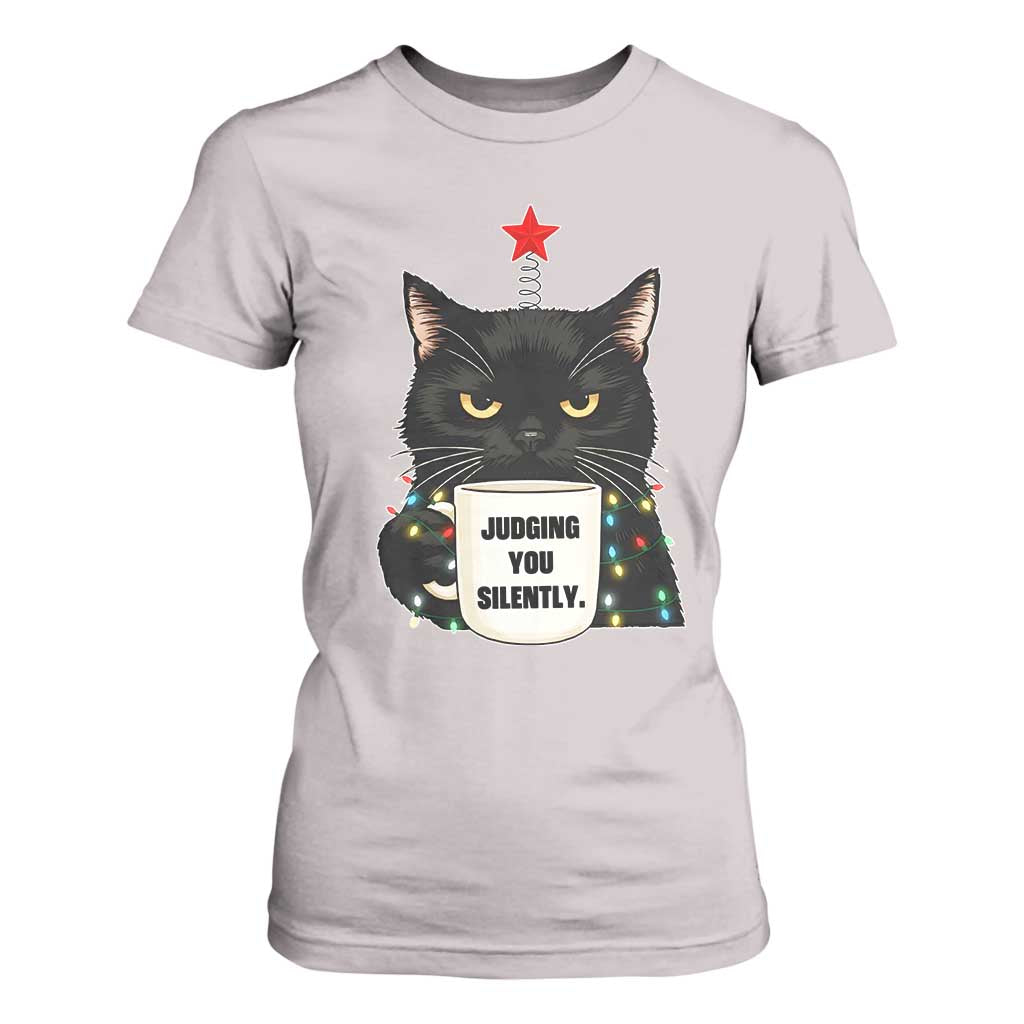 Funny Black Cat Christmas T Shirt For Women Judging You Silently TS14 Ice Gray Print Your Wear