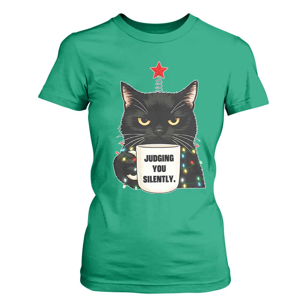 Funny Black Cat Christmas T Shirt For Women Judging You Silently TS14 Irish Green Print Your Wear