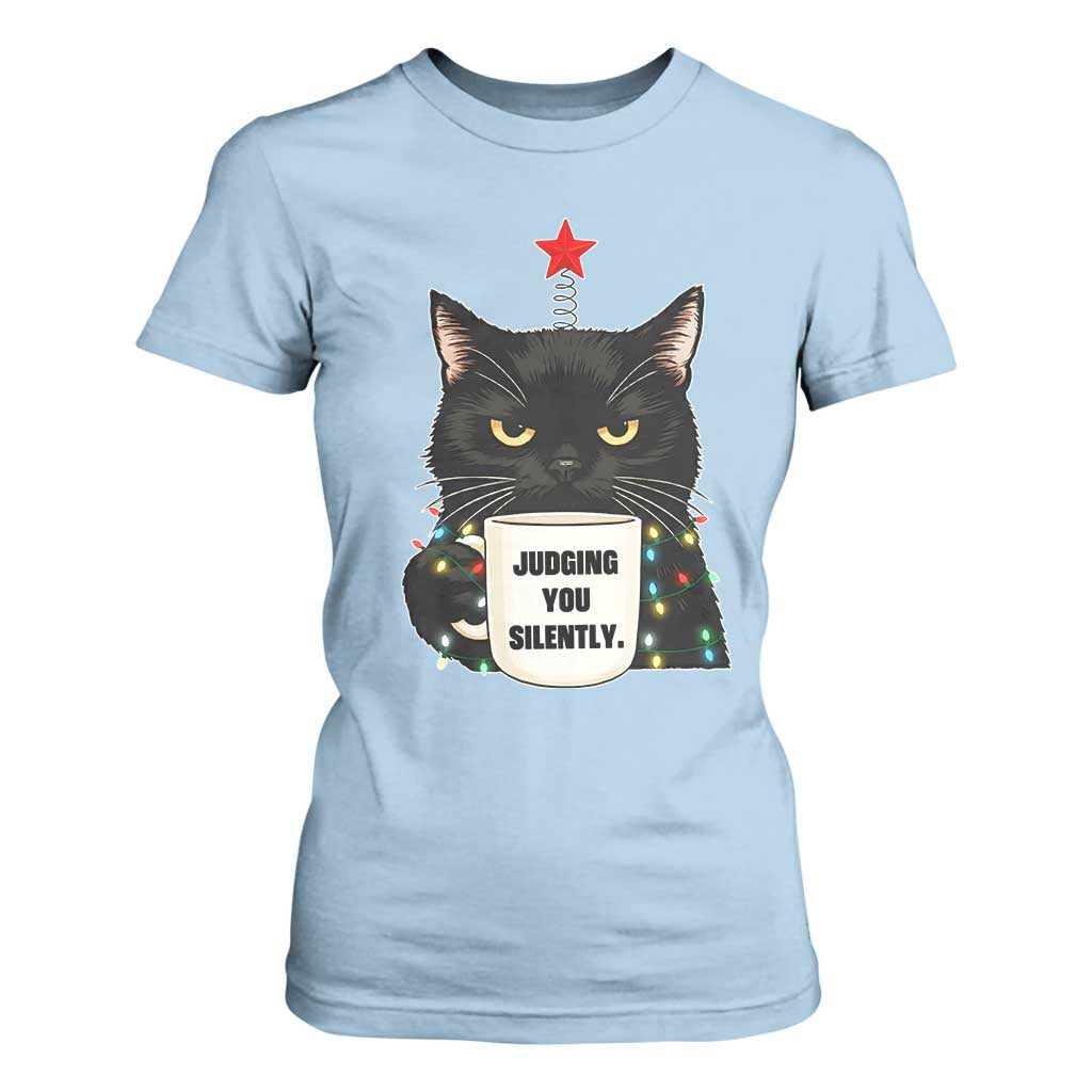 Funny Black Cat Christmas T Shirt For Women Judging You Silently TS14 Light Blue Print Your Wear