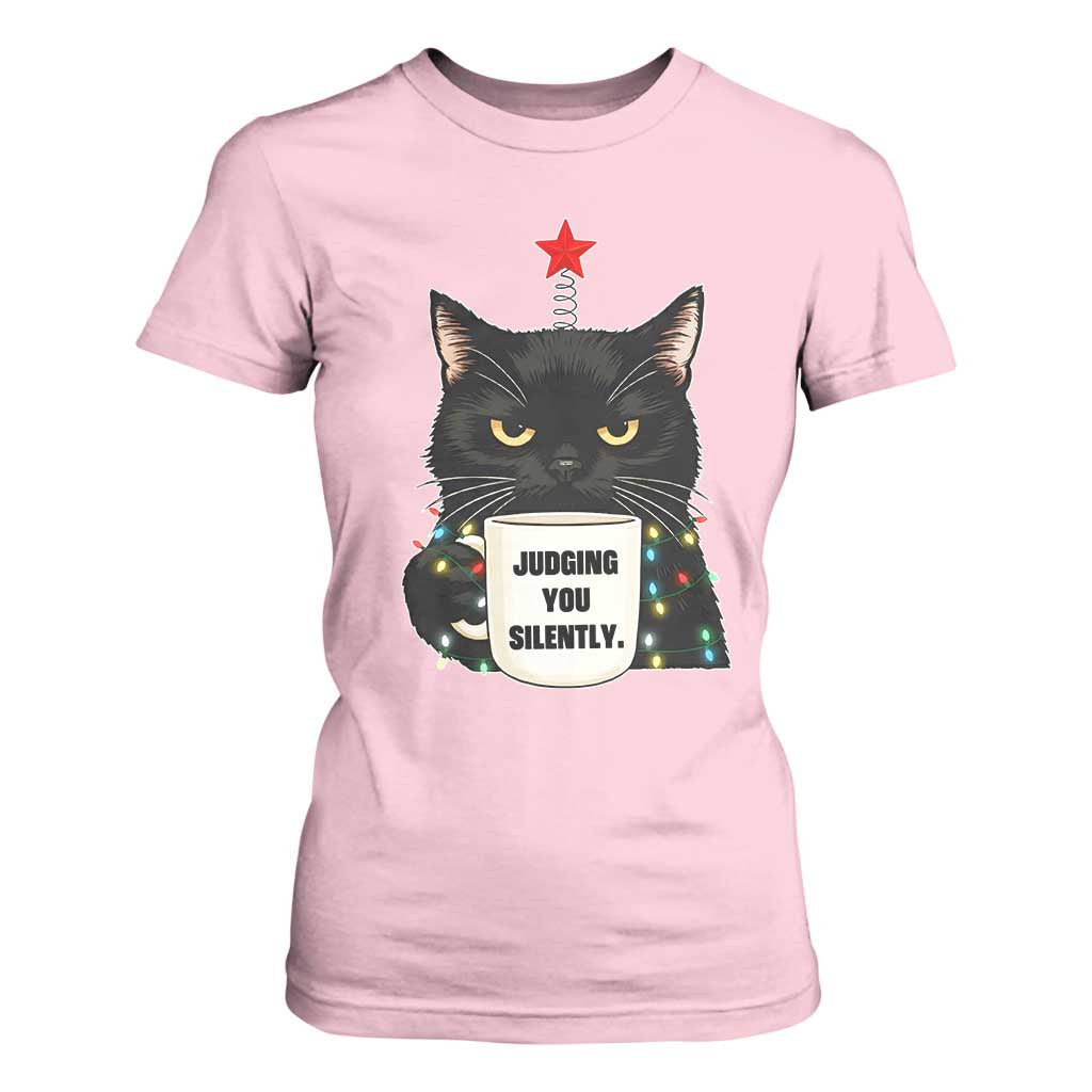 Funny Black Cat Christmas T Shirt For Women Judging You Silently TS14 Light Pink Print Your Wear