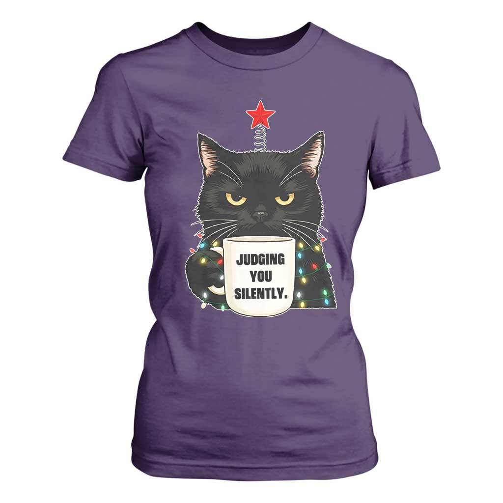 Funny Black Cat Christmas T Shirt For Women Judging You Silently TS14 Purple Print Your Wear