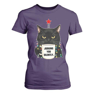 Funny Black Cat Christmas T Shirt For Women Judging You Silently TS14 Purple Print Your Wear