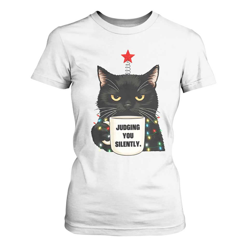 Funny Black Cat Christmas T Shirt For Women Judging You Silently TS14 White Print Your Wear