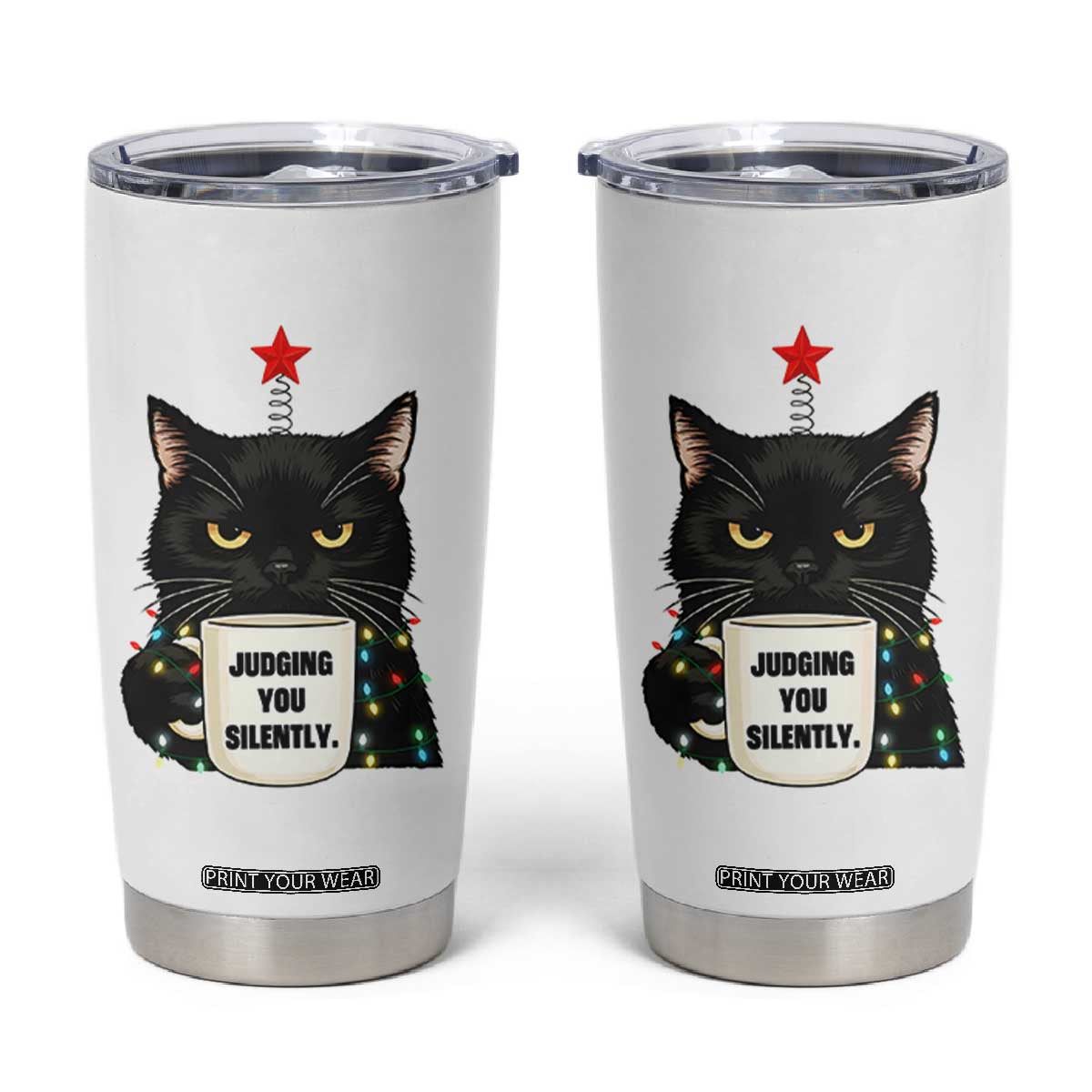 Funny Black Cat Christmas Tumbler Cup Judging You Silently TS14 White Print Your Wear