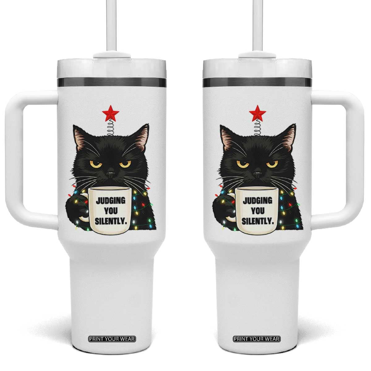 Funny Black Cat Christmas Tumbler With Handle Judging You Silently TS14 One Size: 40 oz White Print Your Wear
