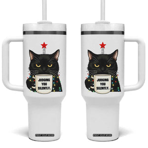 Funny Black Cat Christmas Tumbler With Handle Judging You Silently TS14 One Size: 40 oz White Print Your Wear