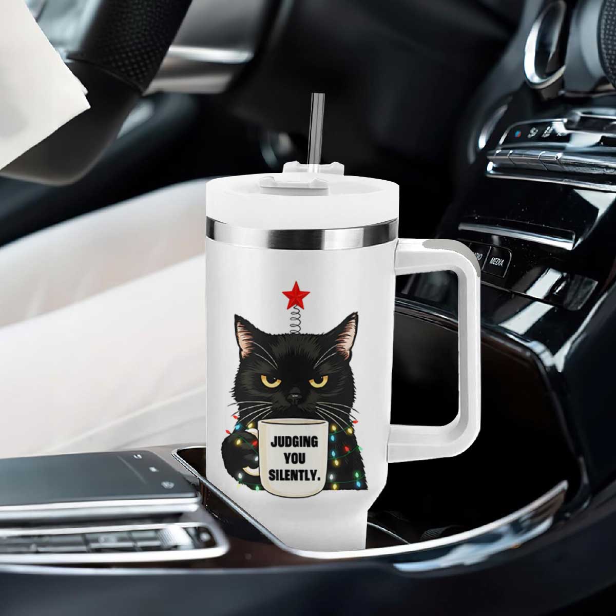 Funny Black Cat Christmas Tumbler With Handle Judging You Silently TS14 Print Your Wear