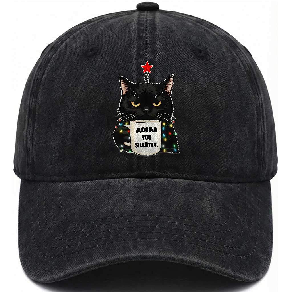 Funny Black Cat Christmas Washed Cotton Baseball Cap Judging You Silently TS14 Washed Cap Universal Fit Black Print Your Wear
