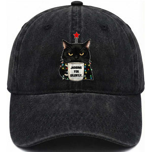 Funny Black Cat Christmas Washed Cotton Baseball Cap Judging You Silently TS14 Washed Cap Universal Fit Black Print Your Wear