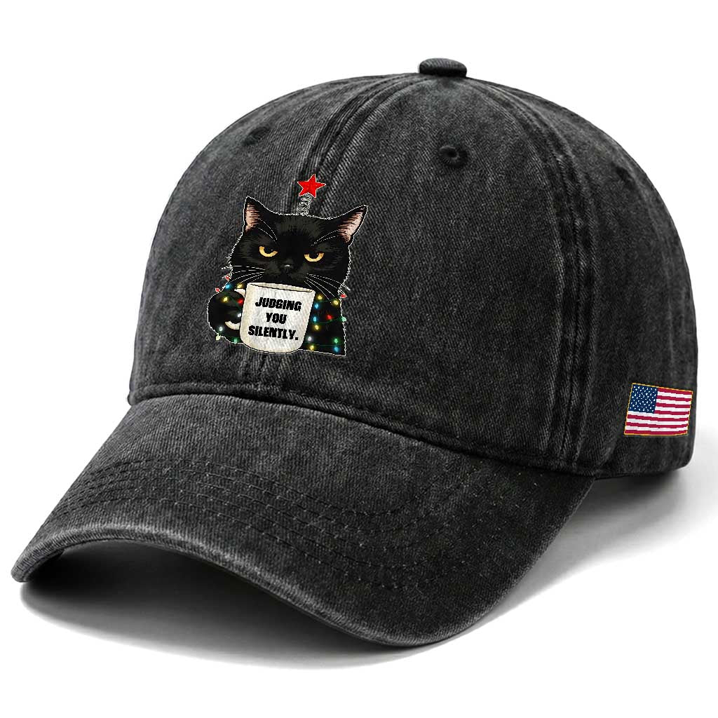 Funny Black Cat Christmas Washed Cotton Baseball Cap Judging You Silently TS14 Print Your Wear
