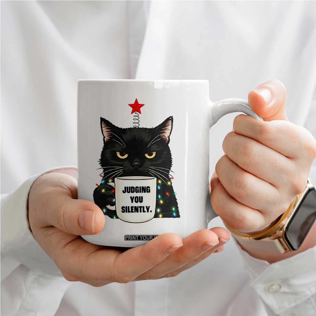 Funny Black Cat Christmas Coffee Mug Judging You Silently TS14 Print Your Wear