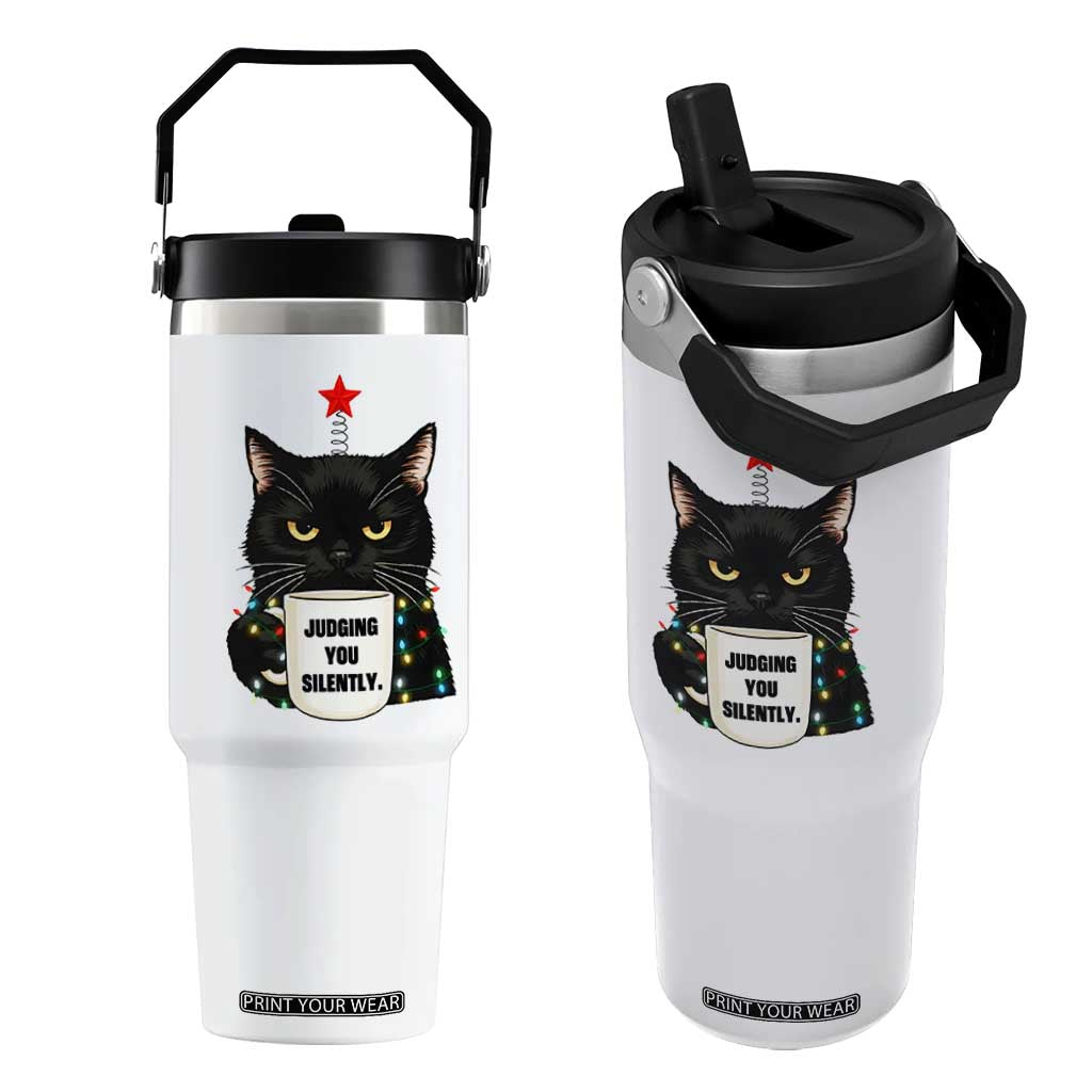 Funny Black Cat Christmas Flip Straw Tumbler Judging You Silently TS14 One Size: 30 oz White Print Your Wear