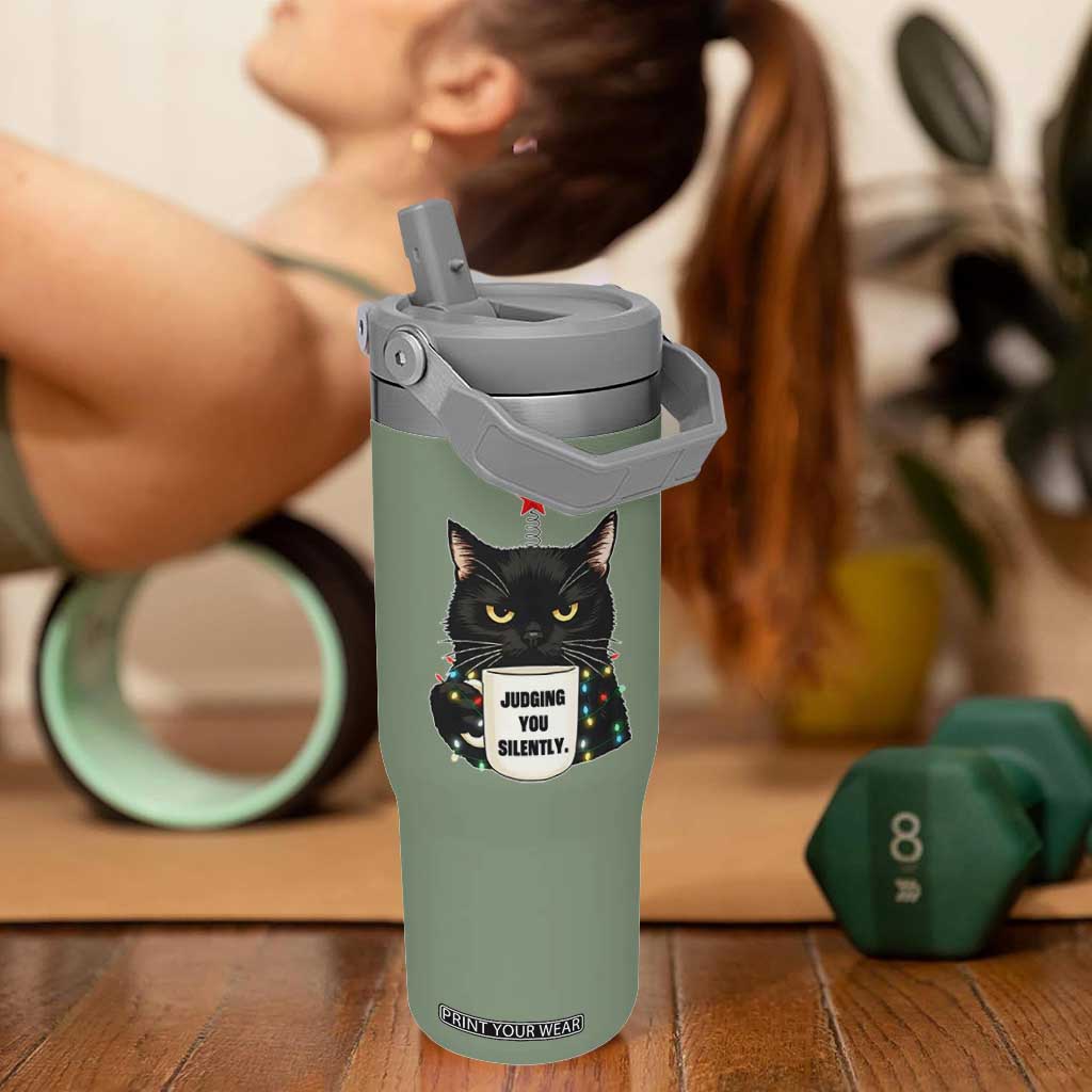 Funny Black Cat Christmas Flip Straw Tumbler Judging You Silently TS14 One Size: 30 oz Moss Green Print Your Wear