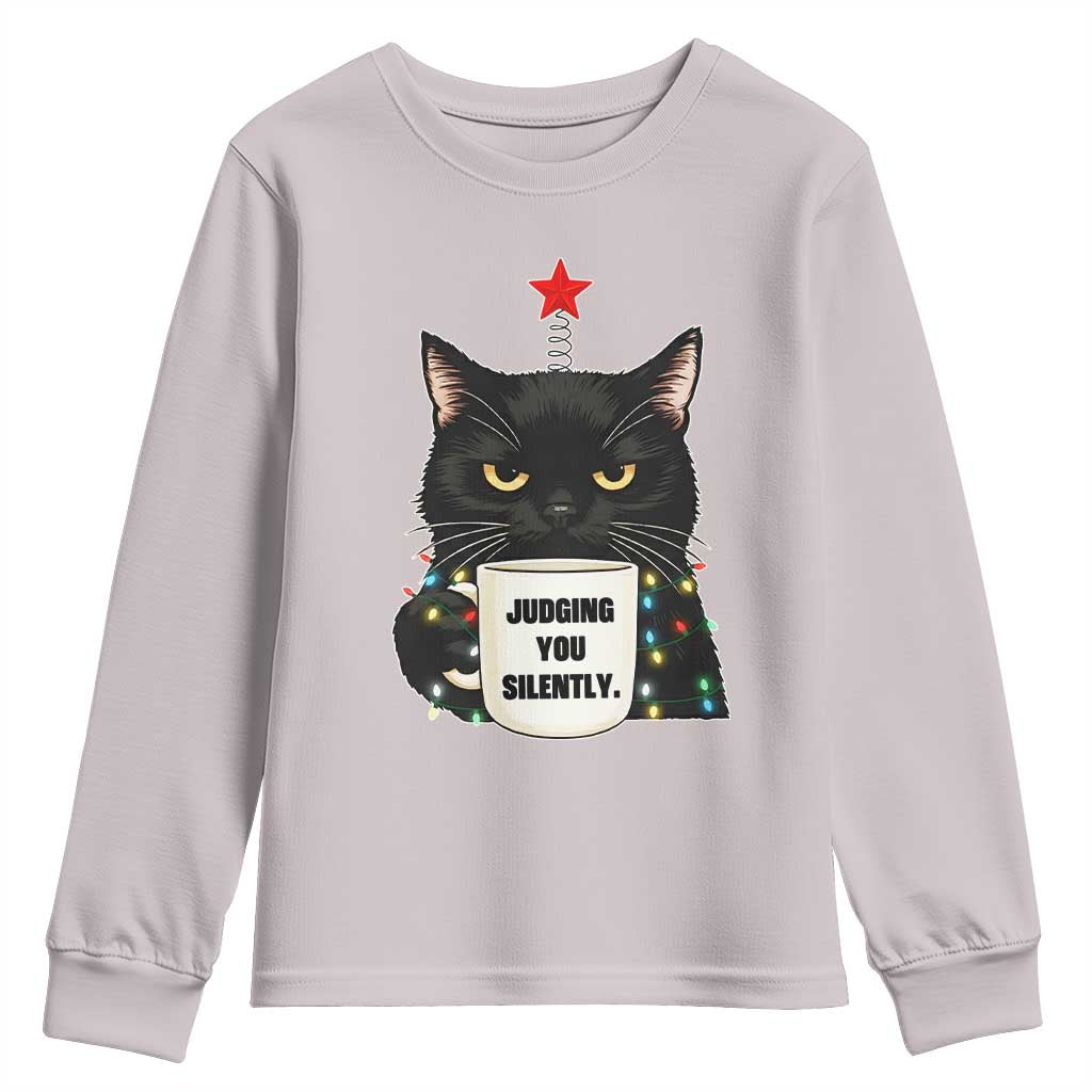 Funny Black Cat Christmas Youth Sweatshirt Judging You Silently TS14 Ice Gray Print Your Wear