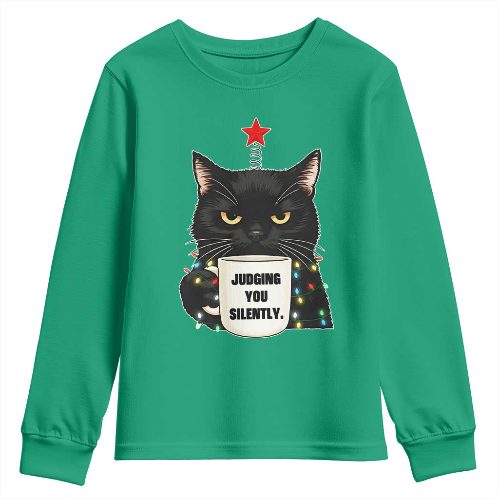 Funny Black Cat Christmas Youth Sweatshirt Judging You Silently TS14 Irish Green Print Your Wear