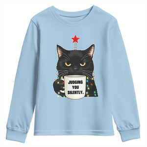 Funny Black Cat Christmas Youth Sweatshirt Judging You Silently TS14 Light Blue Print Your Wear