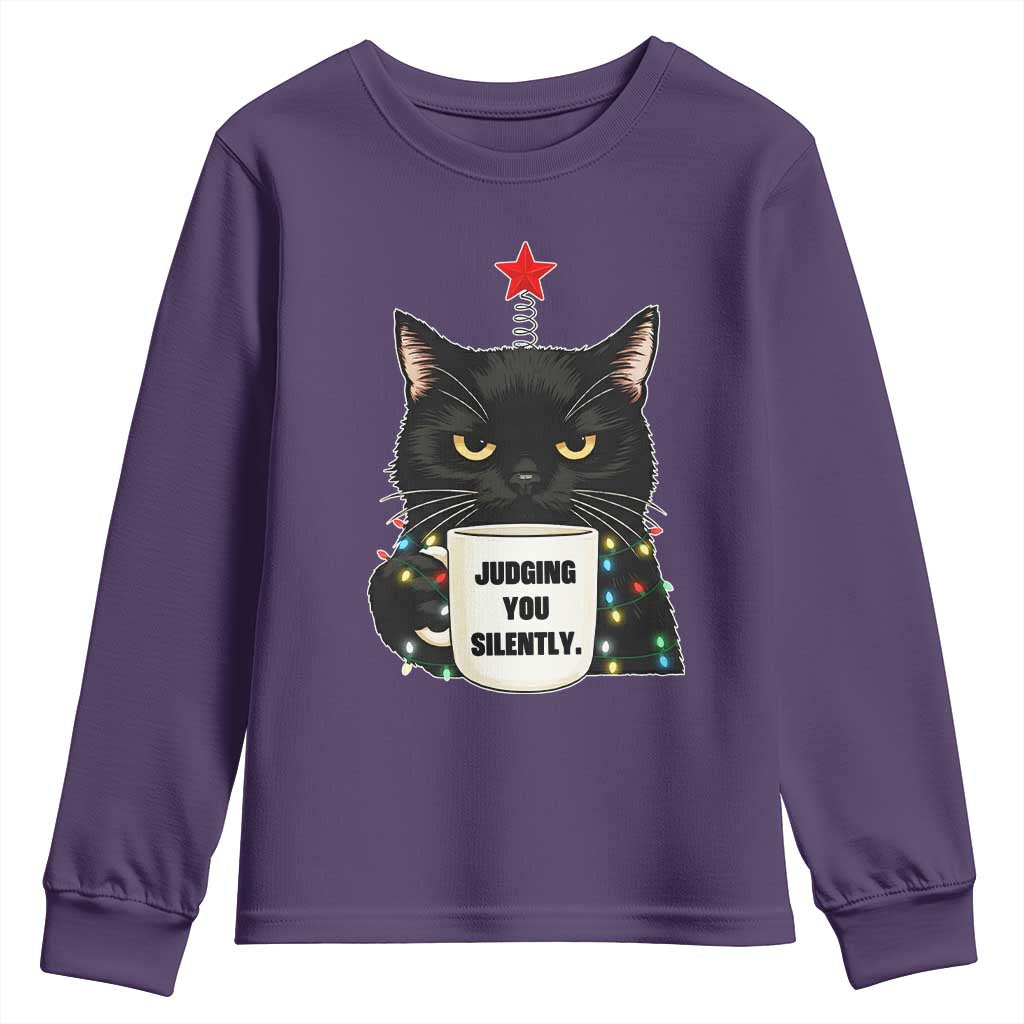 Funny Black Cat Christmas Youth Sweatshirt Judging You Silently TS14 Purple Print Your Wear