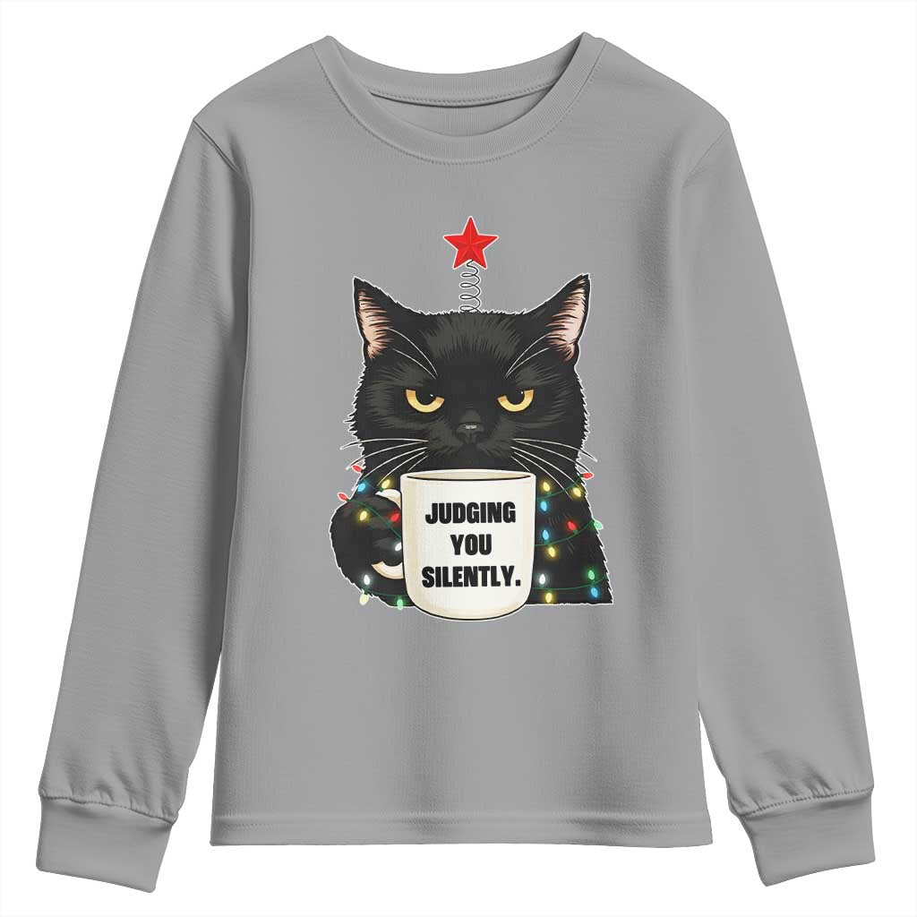 Funny Black Cat Christmas Youth Sweatshirt Judging You Silently TS14 Sport Gray Print Your Wear