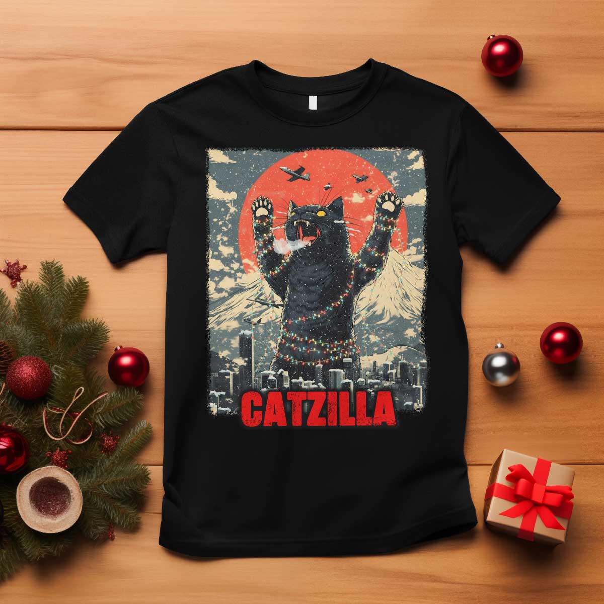 Catzilla Christmas T Shirt Japanese Cat Lover Kitty TS14 Black Print Your Wear