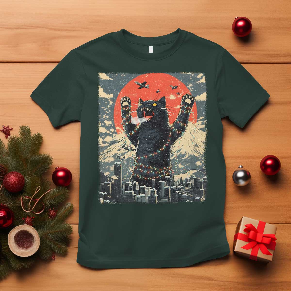 Japanese Cat Christmas T Shirt Funny Kitten Kitty Cat Lover TS14 Dark Forest Green Print Your Wear