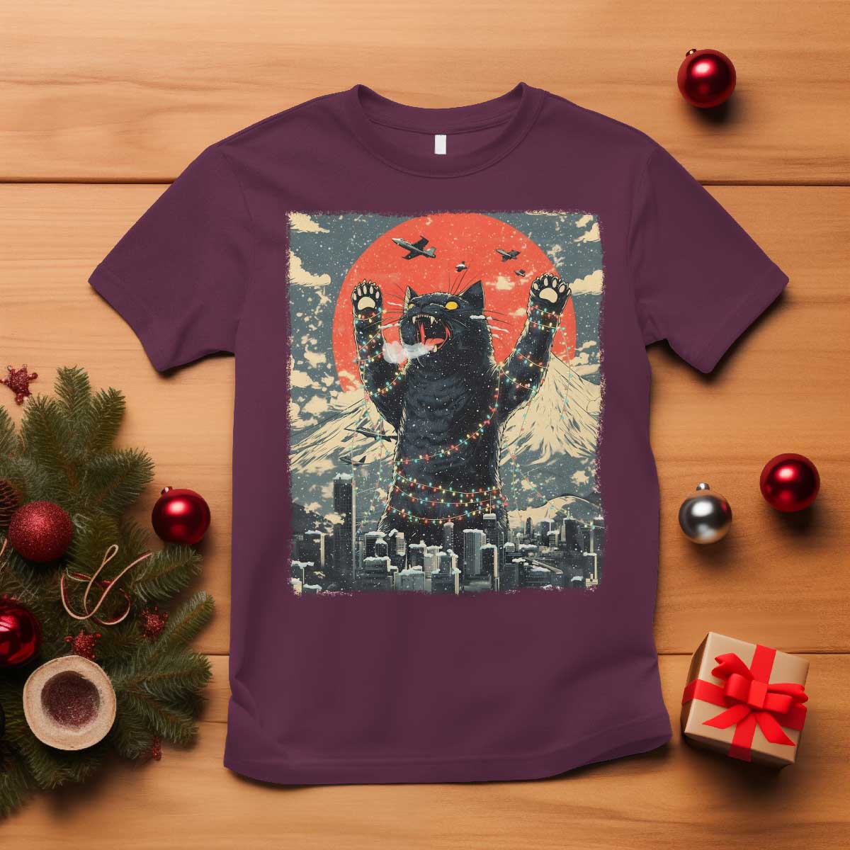 Japanese Cat Christmas T Shirt Funny Kitten Kitty Cat Lover TS14 Maroon Print Your Wear