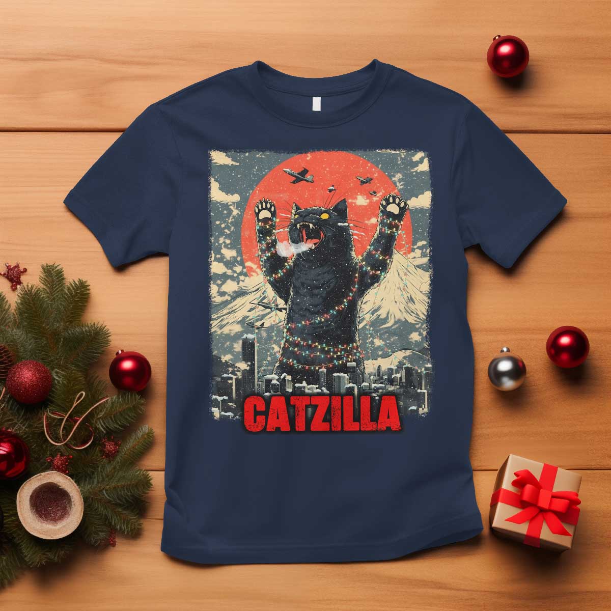 Catzilla Christmas T Shirt Japanese Cat Lover Kitty TS14 Navy Print Your Wear
