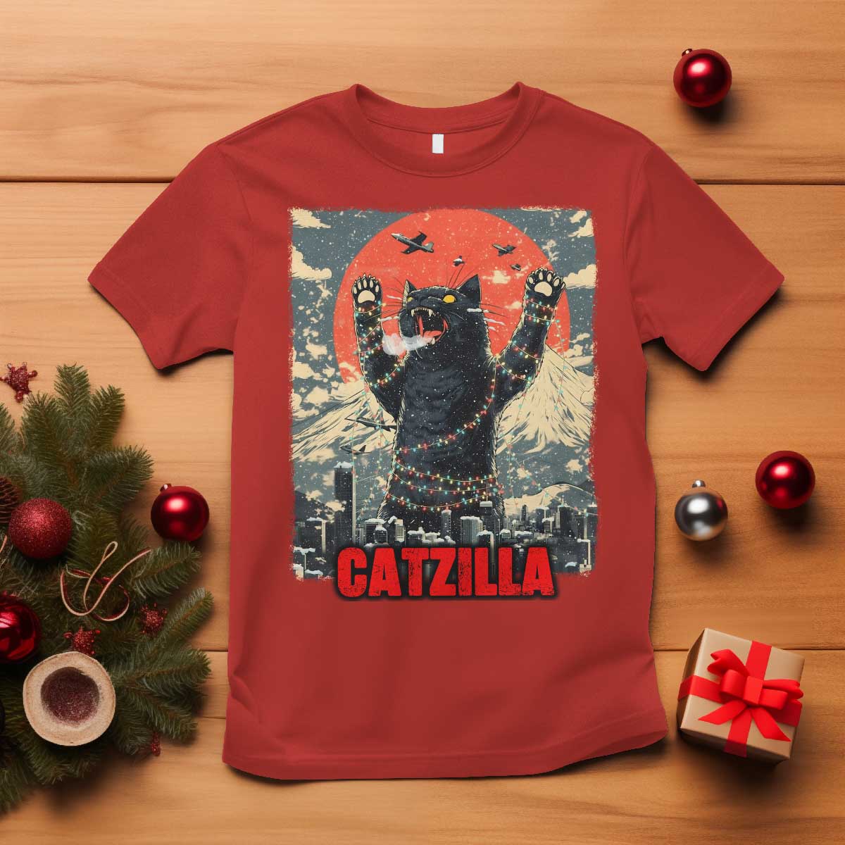 Catzilla Christmas T Shirt Japanese Cat Lover Kitty TS14 Red Print Your Wear