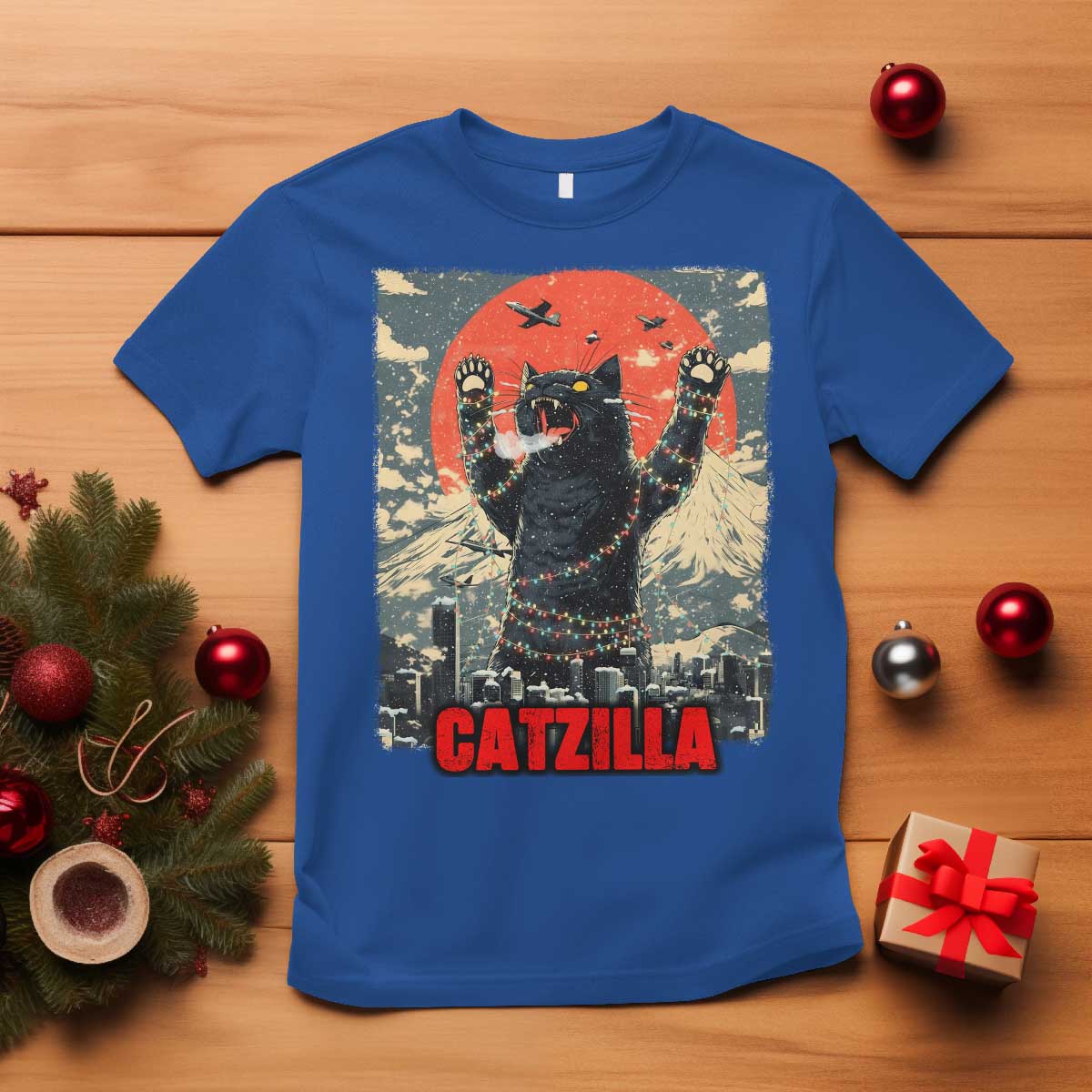 Catzilla Christmas T Shirt Japanese Cat Lover Kitty TS14 Royal Blue Print Your Wear